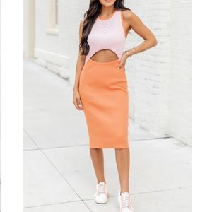 Pink Lily Movin' On Pink And
Orange Colorblock CutOut Ribbed Midi Dress